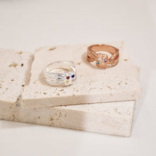 Load image into Gallery viewer, Personalized Ribbon Knot Ring with 1-8 Birthstones and Engraved Names
